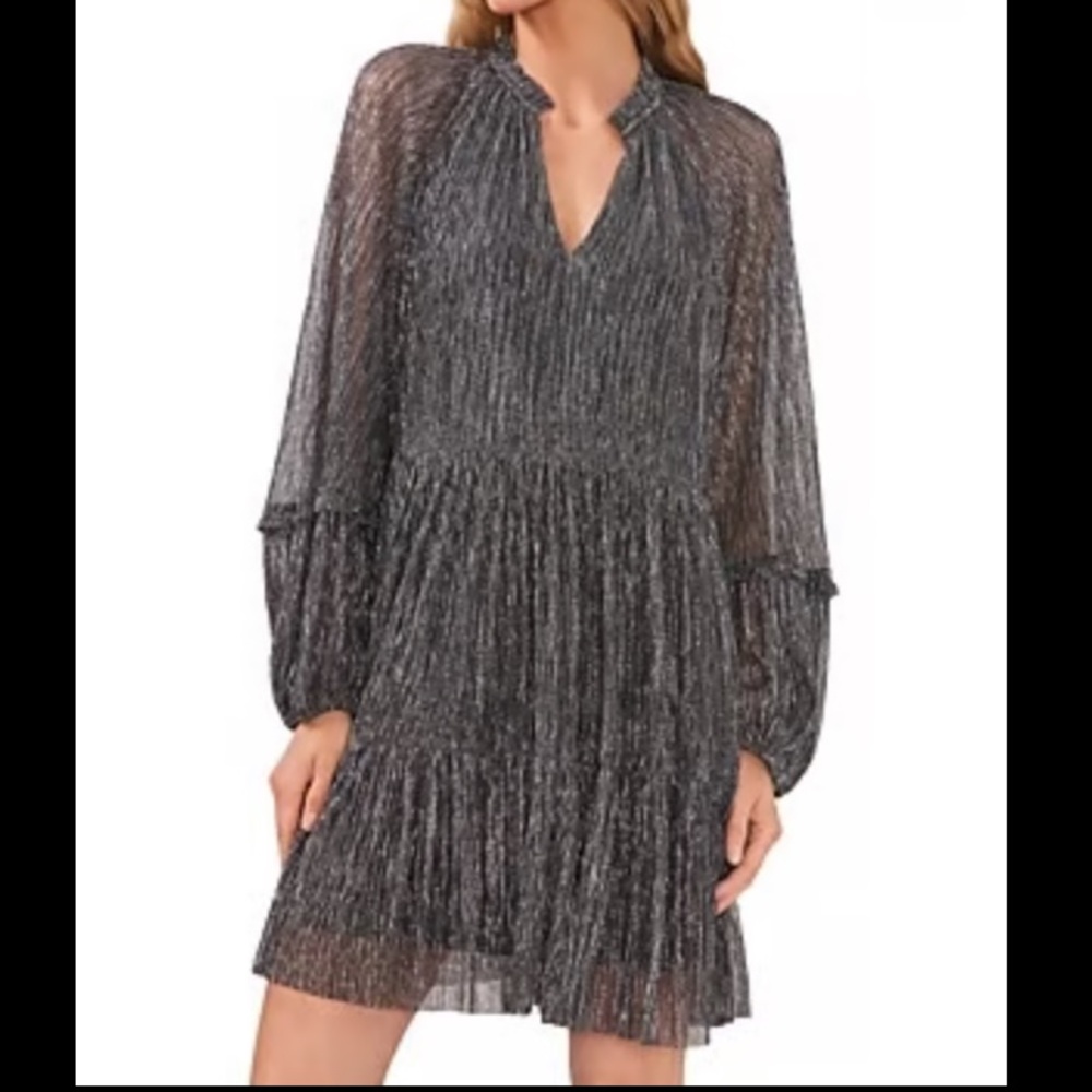 State Women's Black and Gray Silver metallic Tiered Long sleeve mini dress
